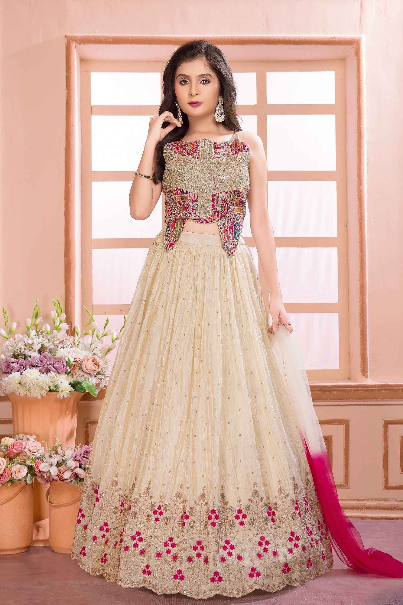 Ivory And Rani Pink Embroidered Lehenga Choli Set With Dupatta For Girls