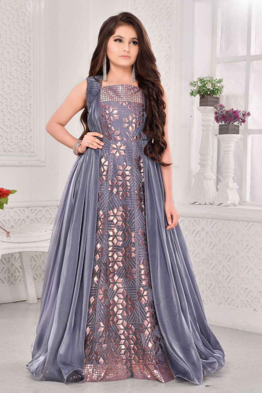 Elegant Grey Party Gown With Gold Foil Work For Girls