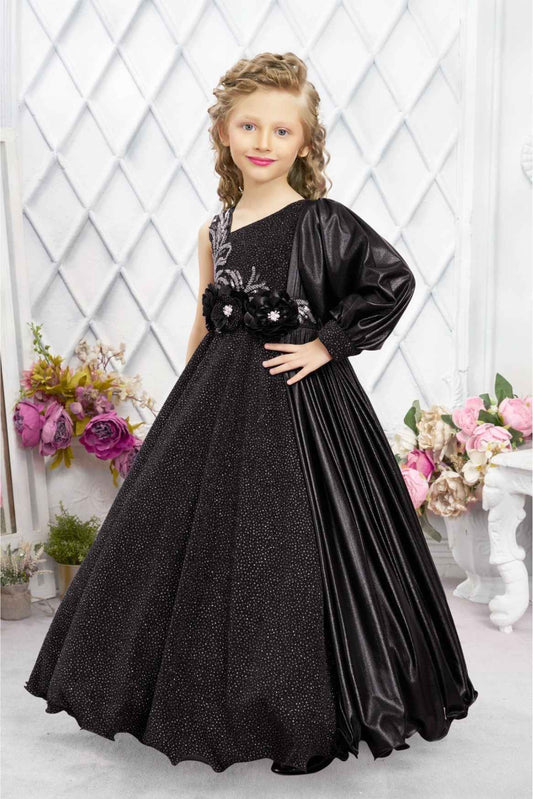 Designer Black Gown With Floral Embellishment With Sequins For Girls