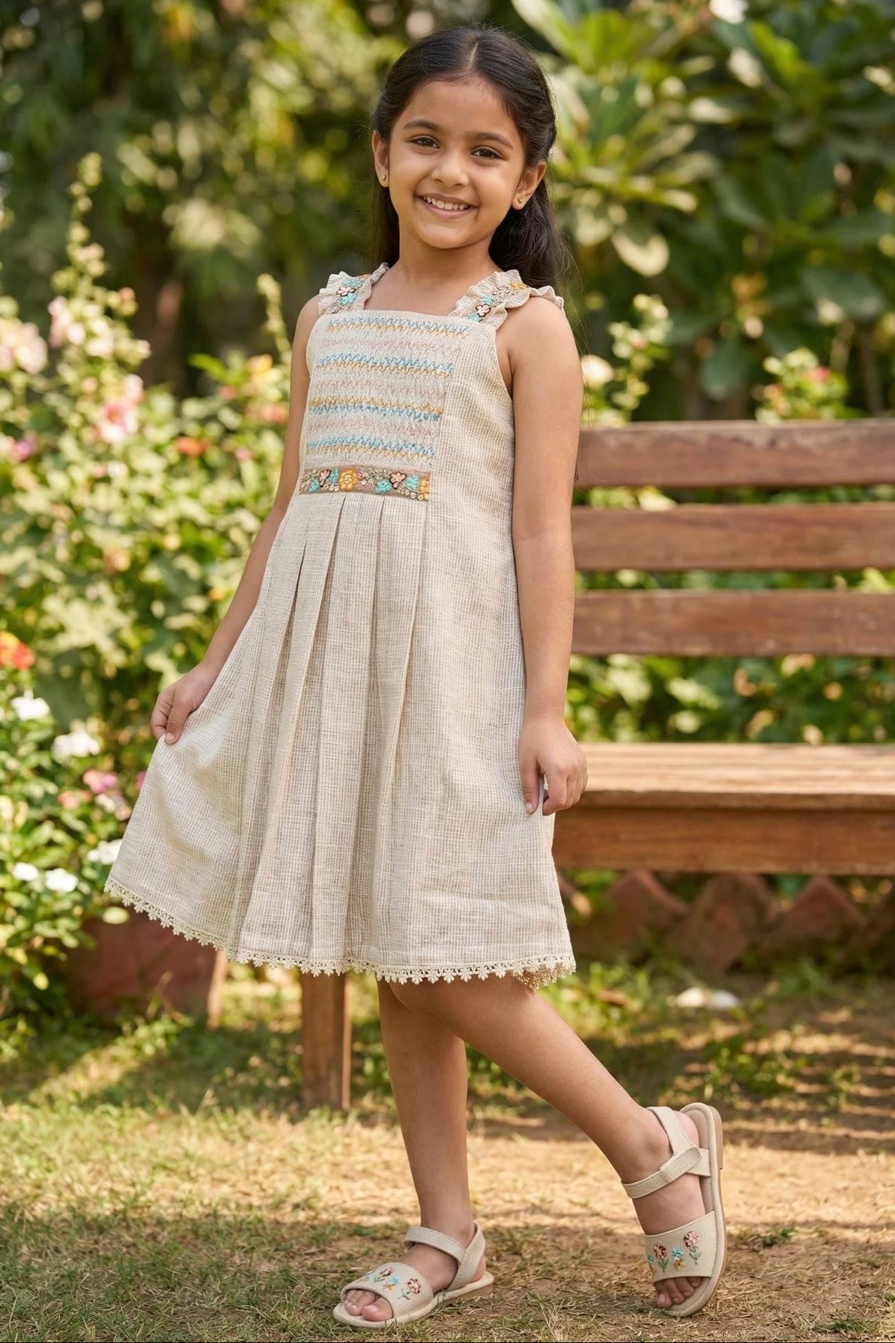 Beige Embroidered Frock With Pleats For Girls