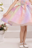 Pastel Rainbow Party Wear Frock With Floral Embellishment For Girls