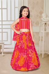 Red Sleeveless And Mirror Work With Floral Printed Lehenga Choli Set For Girls