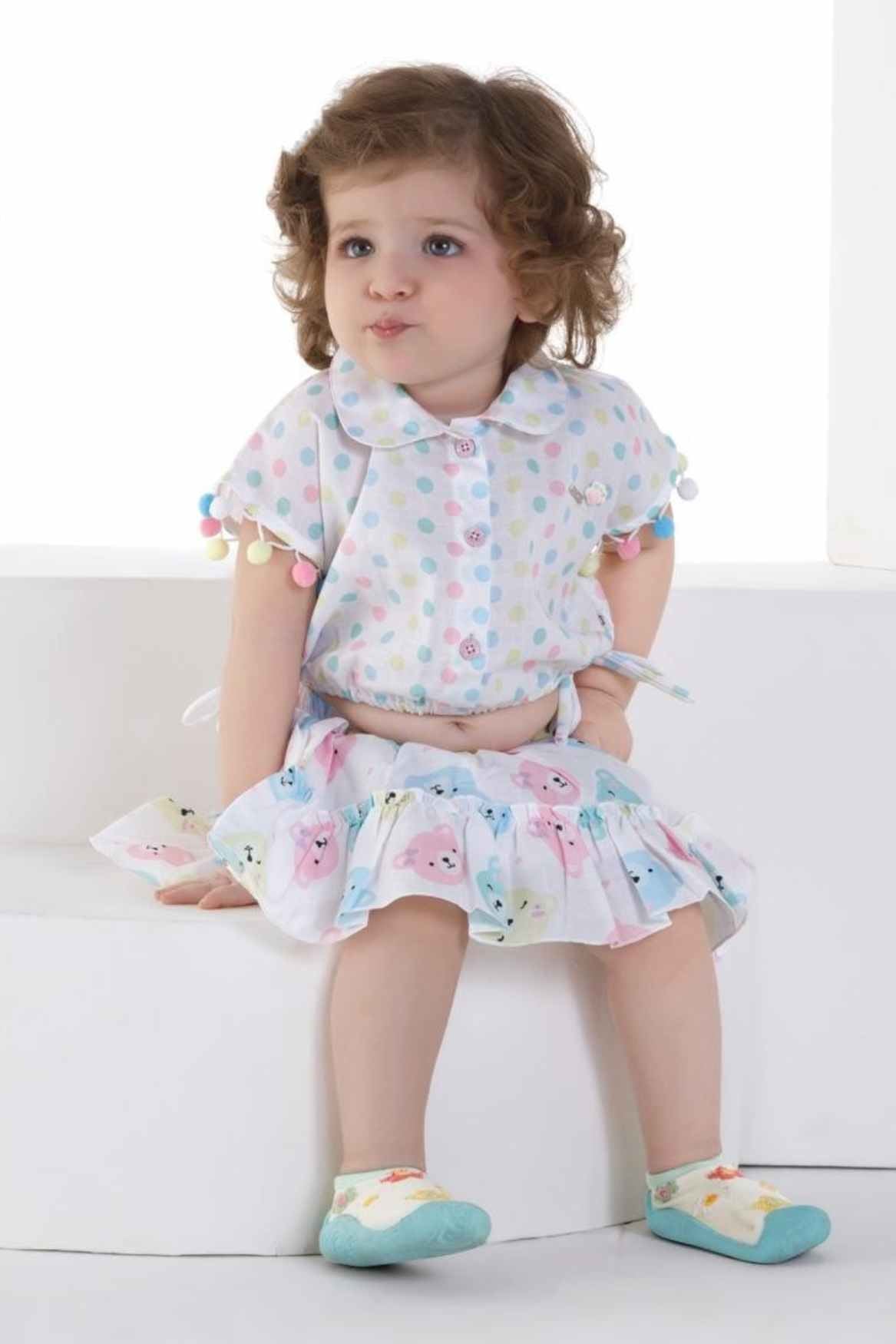 White Printed Cotton Casual Wear Skirt Set For Girls