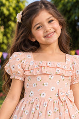 Girls Peach Floral Printed Puff Sleeve Fit And Flare Dress
