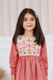 Rust Red Cotton Dress with Multicolor Floral Embroidered Yoke For Girls