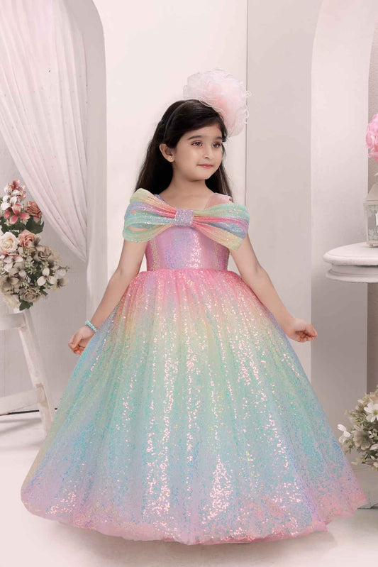 Multicolor Sequin Gown With Bow Embellishment For Girls