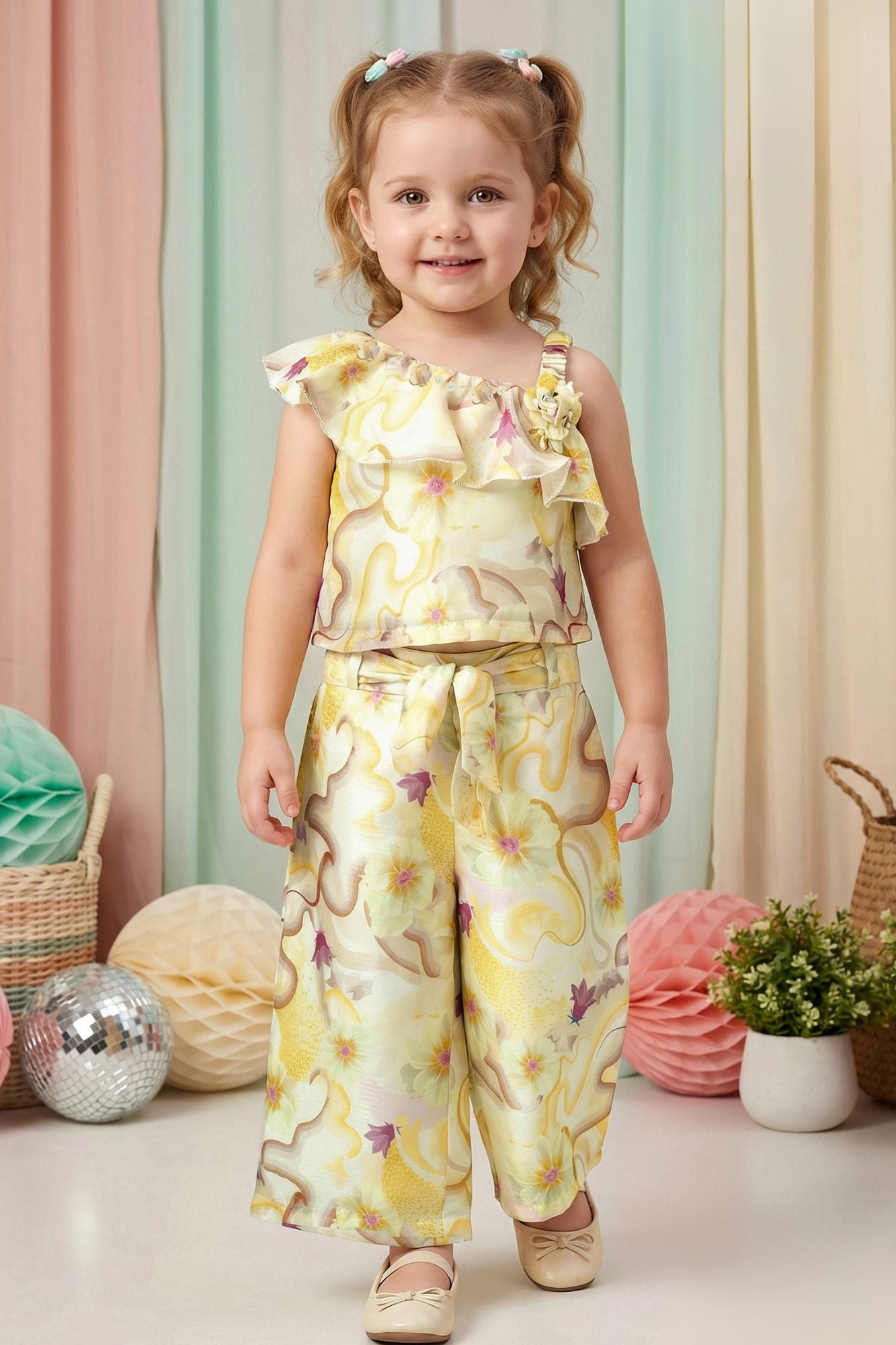 Girls Yellow Floral Printed One-Shoulder Co-Ord Set with Wide-Leg Pants