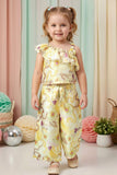 Girls Yellow Floral Printed One-Shoulder Co-Ord Set with Wide-Leg Pants