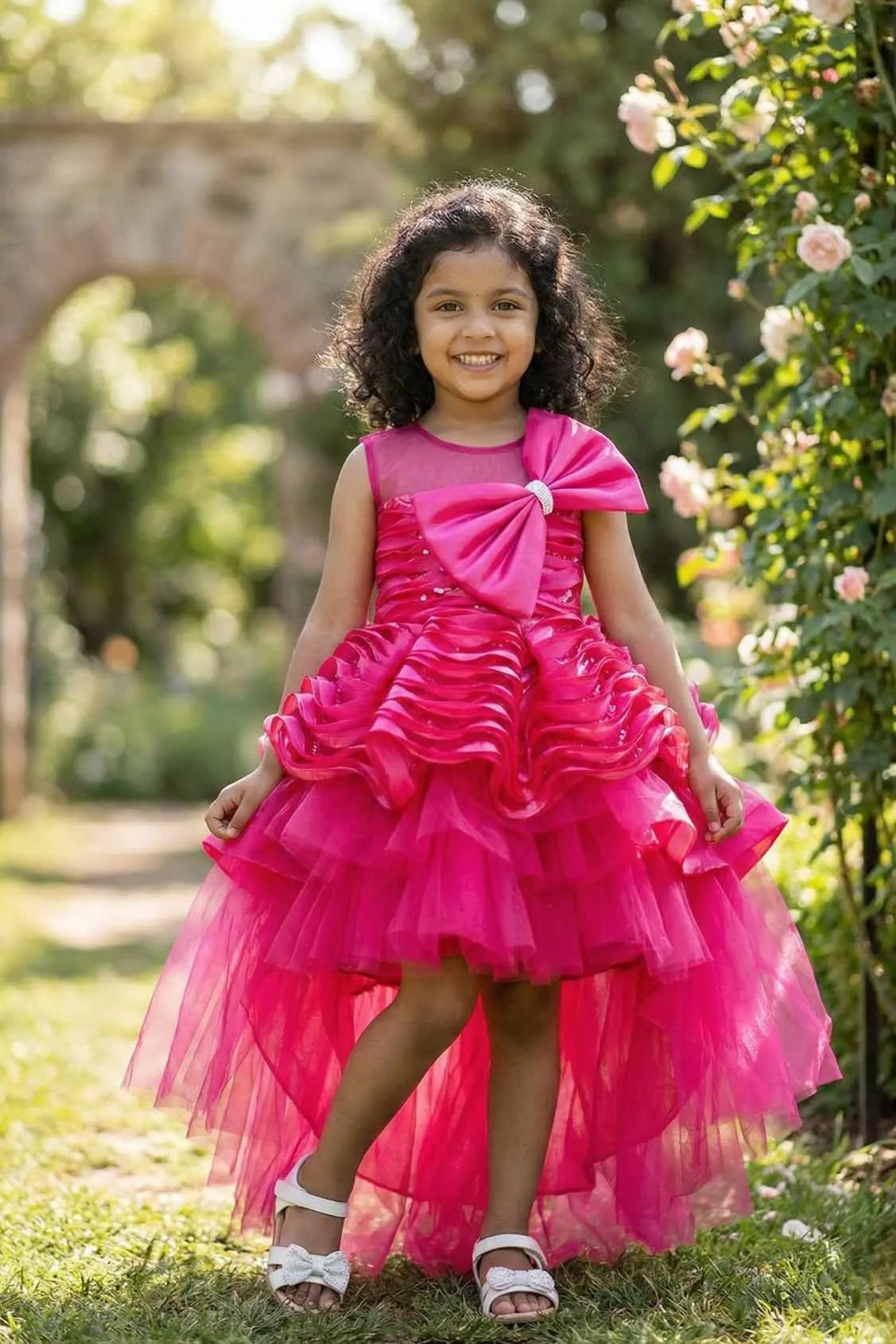 Rani Pink High-Low Party Frock with Ruffles For Girls