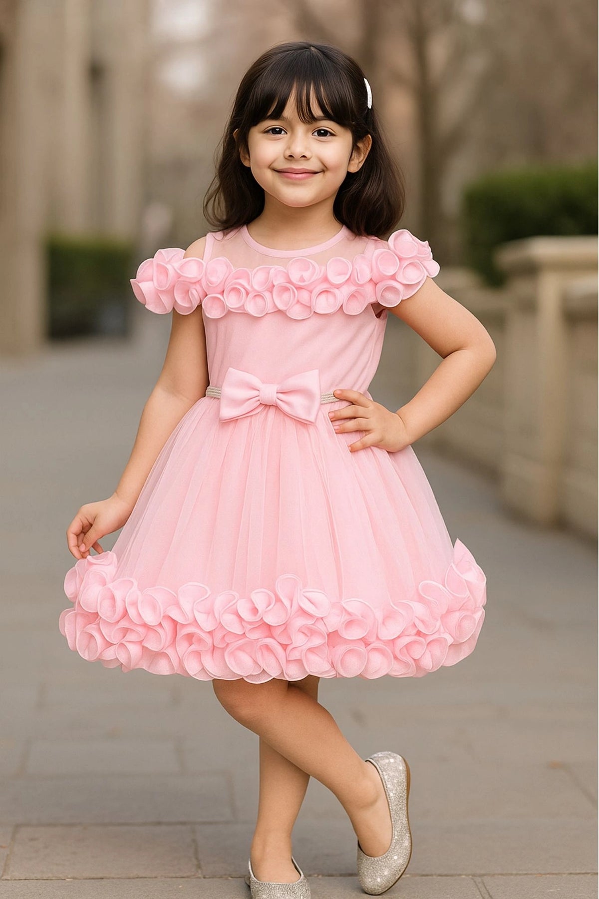 Baby Pink Party Wear Frock with 3D Ruffled Detailing & Waist Bow For Girls