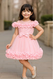 Baby Pink Party Wear Frock with 3D Ruffled Detailing & Waist Bow For Girls