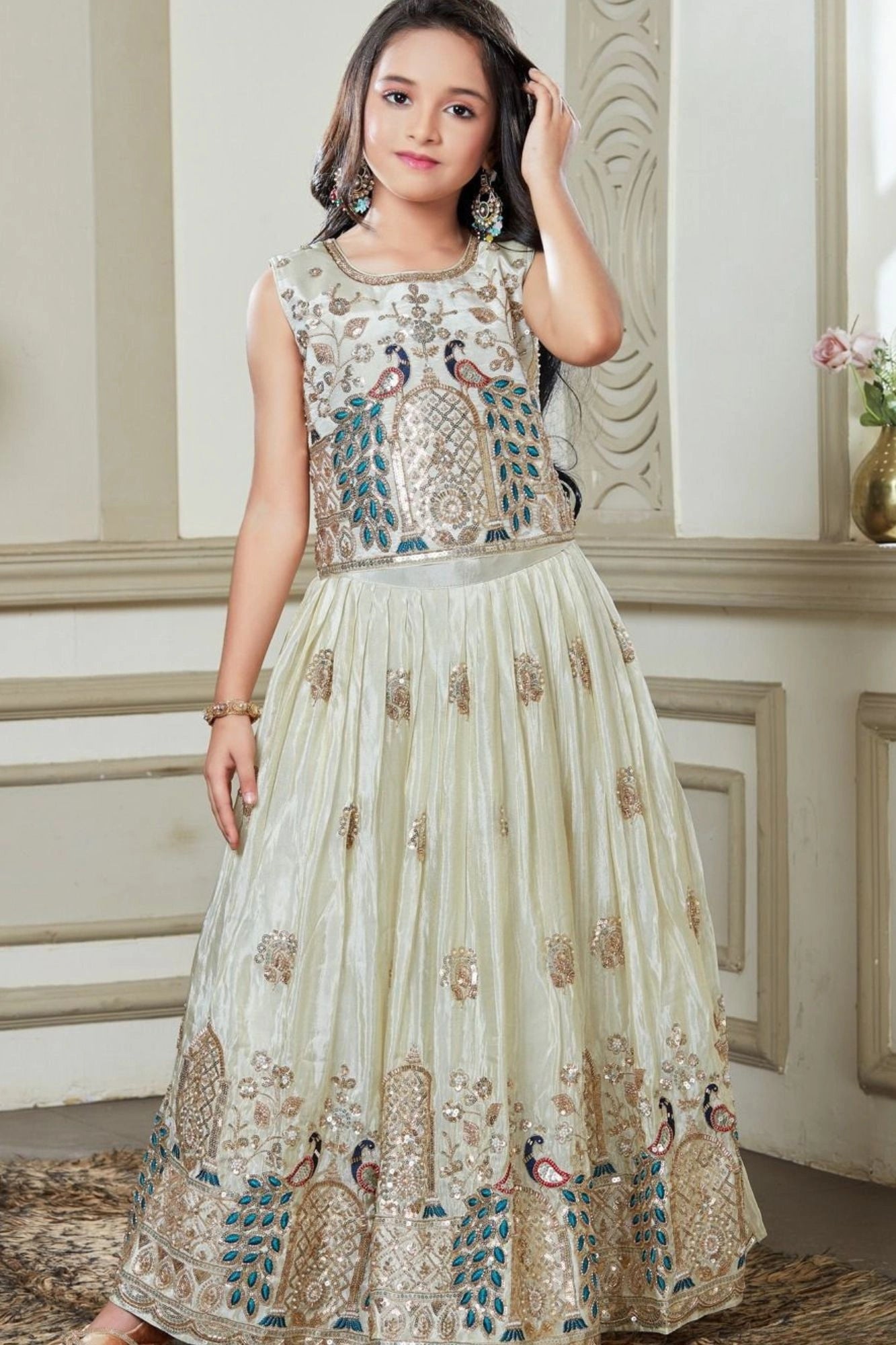 Off-White Lehenga Choli with Peacock Embroidery For Girls