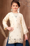 Ivory Embroidered Kurti Peacock Blue Palazzo Set with Dupatta for Girls