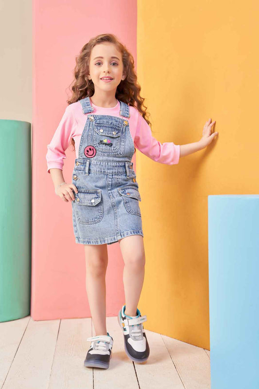 Pink 3/4th Sleeves T shirt With Blue Denim Jumpsuit Set For Girls