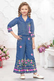 Indigo Blue Embroidered Top And Pants Set For Girls