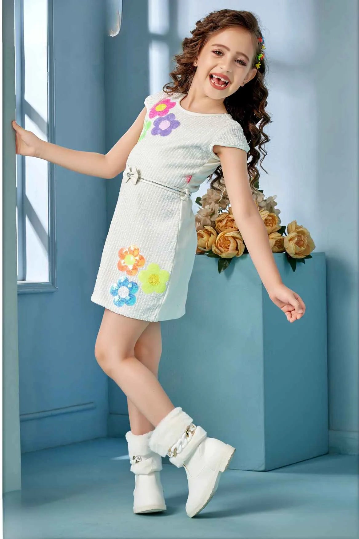 White Shift Dress with Colorful Floral Appliqué For Girls