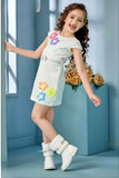 White Shift Dress with Colorful Floral Appliqué For Girls