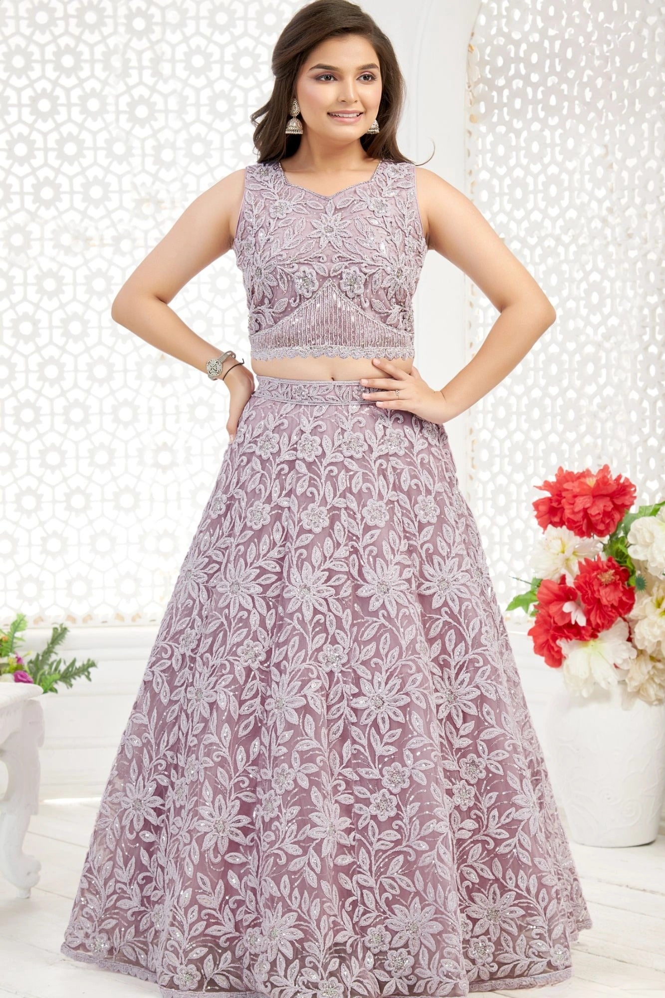 Onion Pink Embroidered Lehenga Choli with Sequin Work For Girls
