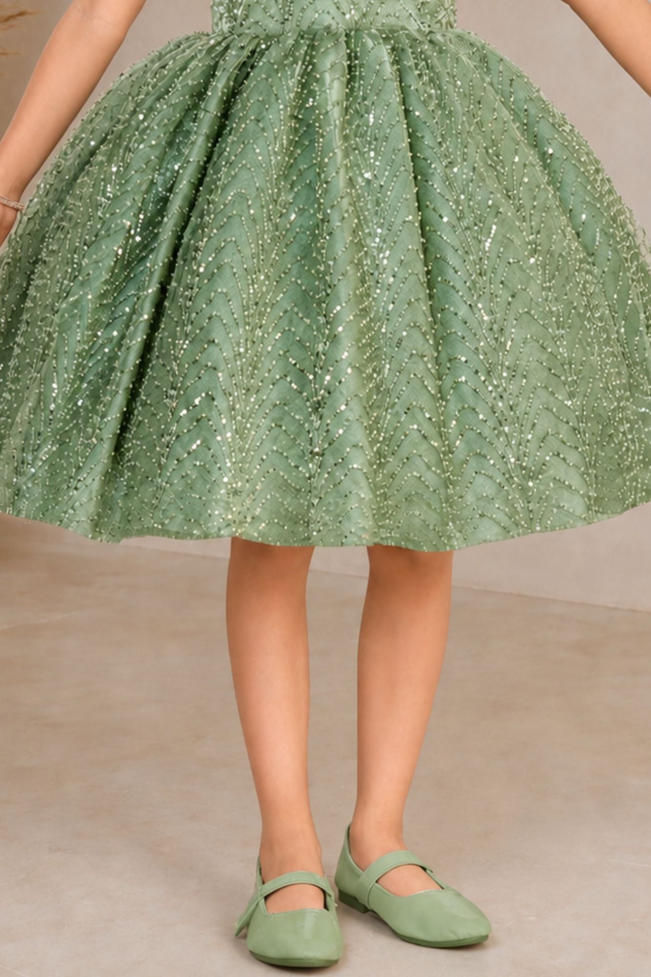 Girls Sage Green Party Wear Frock with 3D Floral Bow And Sequin Detailing