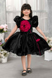 Black Satin Puff Sleeve Dress With 3D Red Flower For Girls