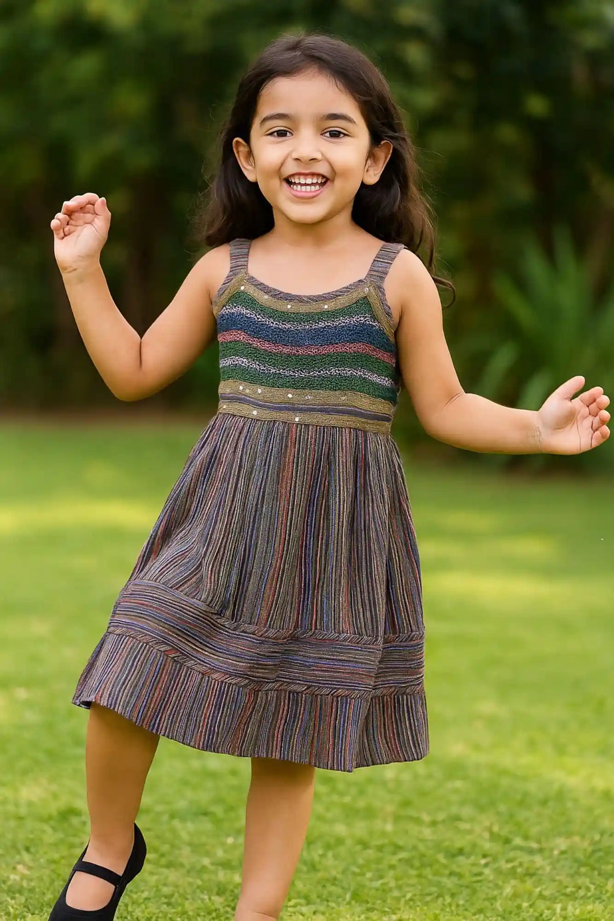 Multicolor Stripe Summer Dress with Shimmer Yoke For Girls