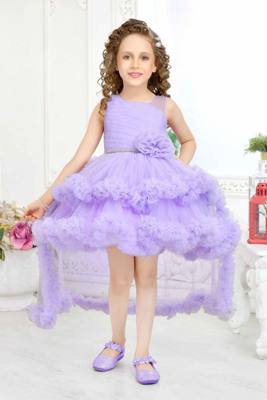 Lavender Multilayered Frock With Floral Embellished For Girls