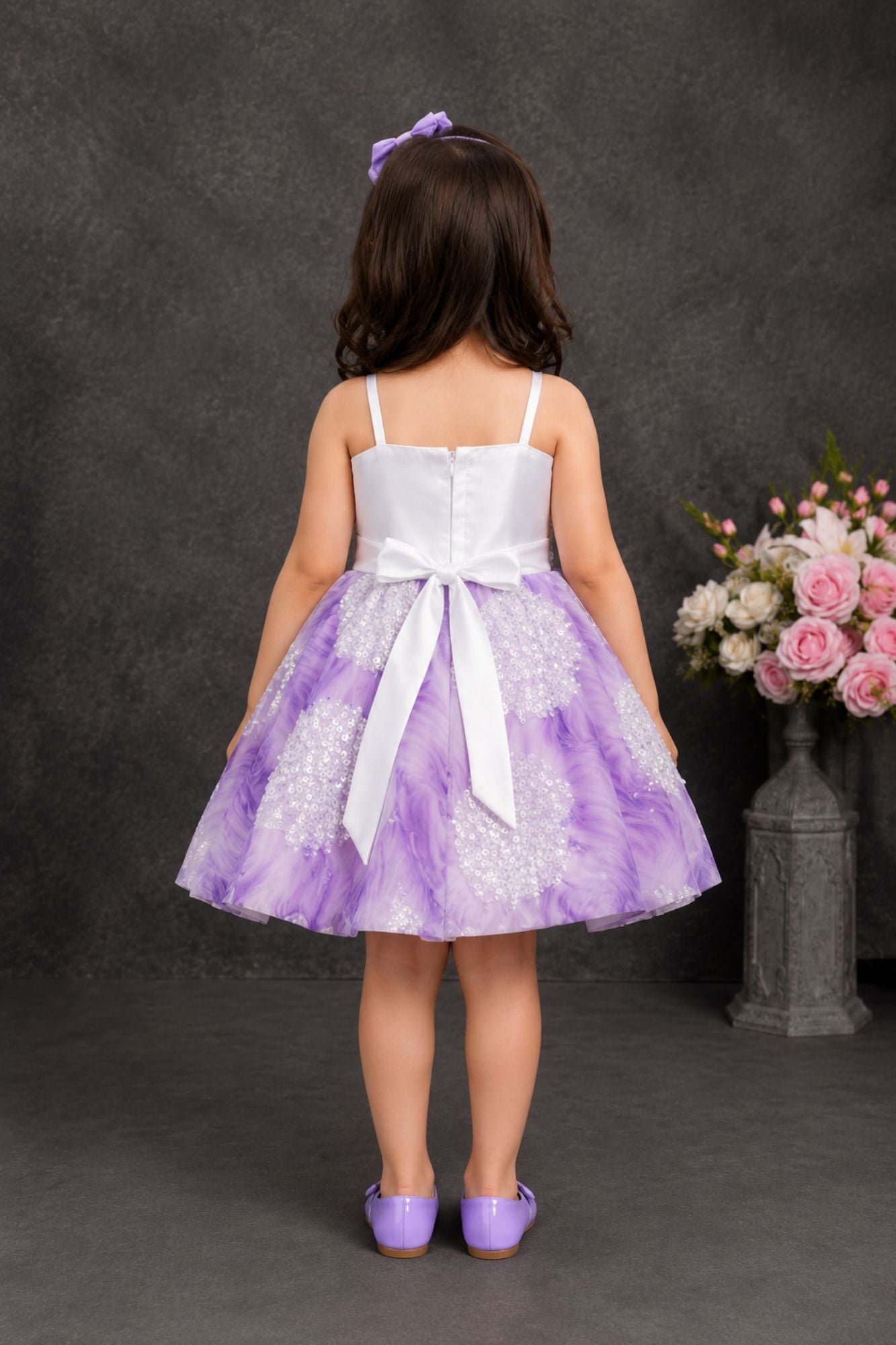 White & Lavender Sequin Embellished Party Wear Frock With 3D Floral Applique