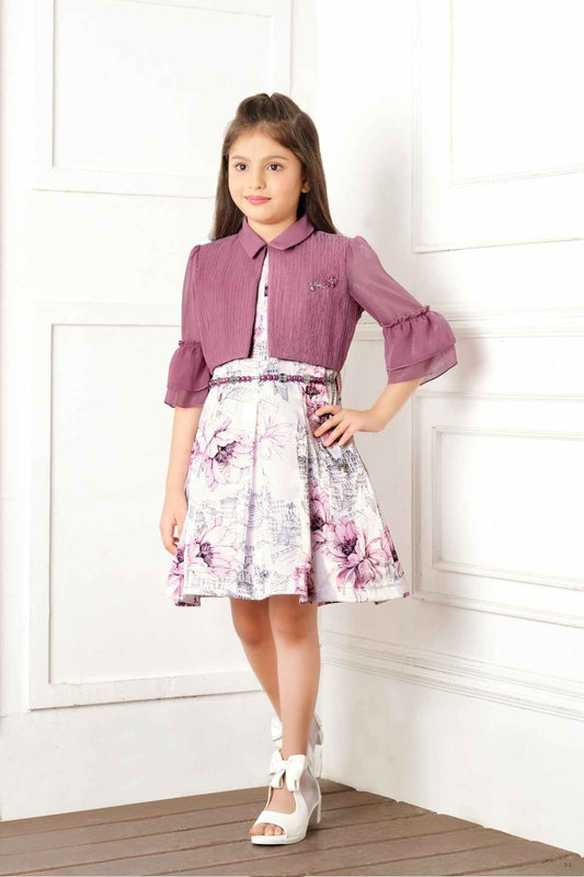 Wine Floral Printed Frock With Overcoat For Girls