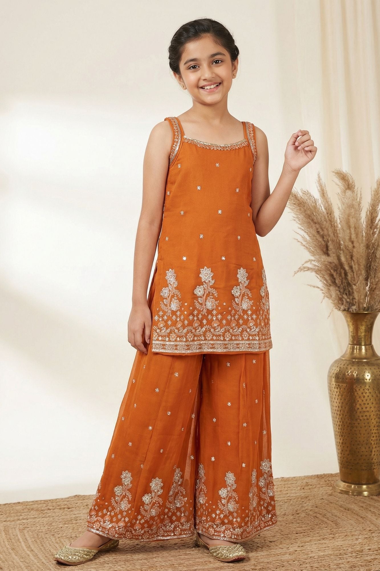 Rust Orange Embroidered Kurta with Palazzo Set for Girls