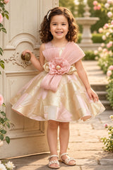 Girls Ivory And Peach Organza Party Frock with Statement Bow