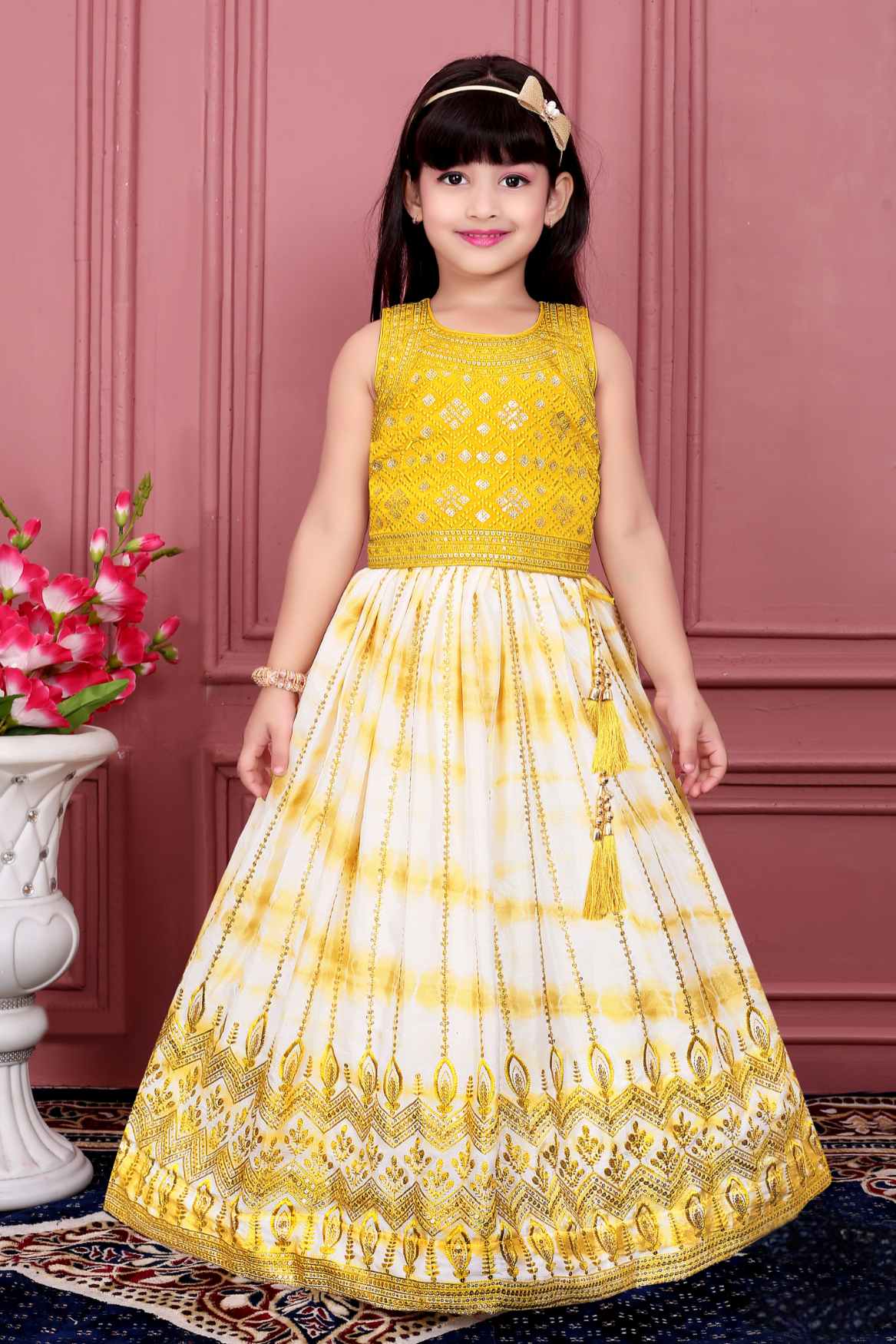 Yellow And White Lehenga Choli Set With Traditional Embroidery For Girls
