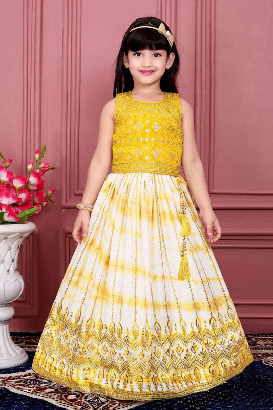 Yellow And White Lehenga Choli Set With Traditional Embroidery For Girls