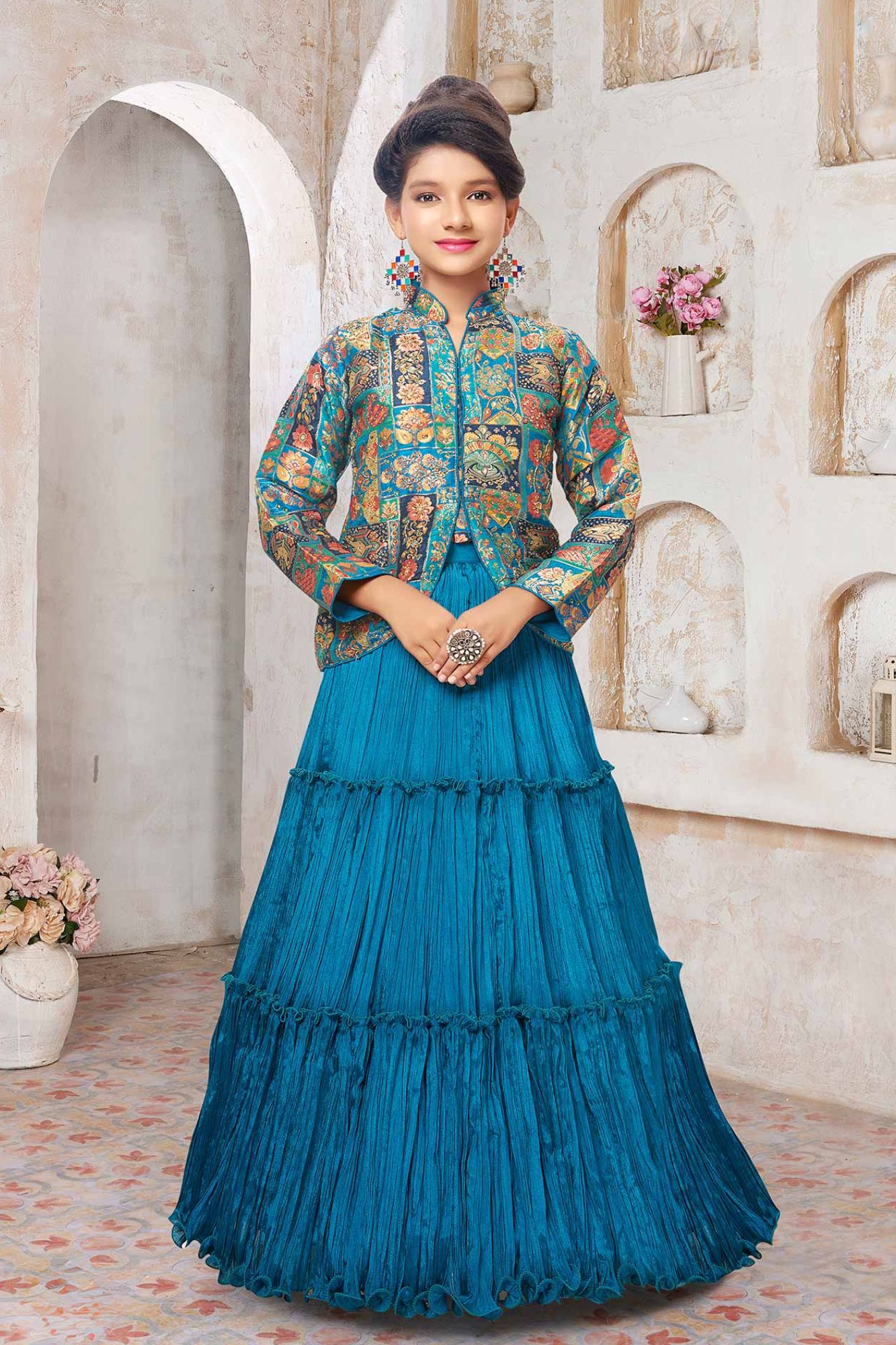 Teal Blue Printed Jacket Style Lehenga Set for Girls