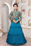Teal Blue Printed Jacket Style Lehenga Set for Girls