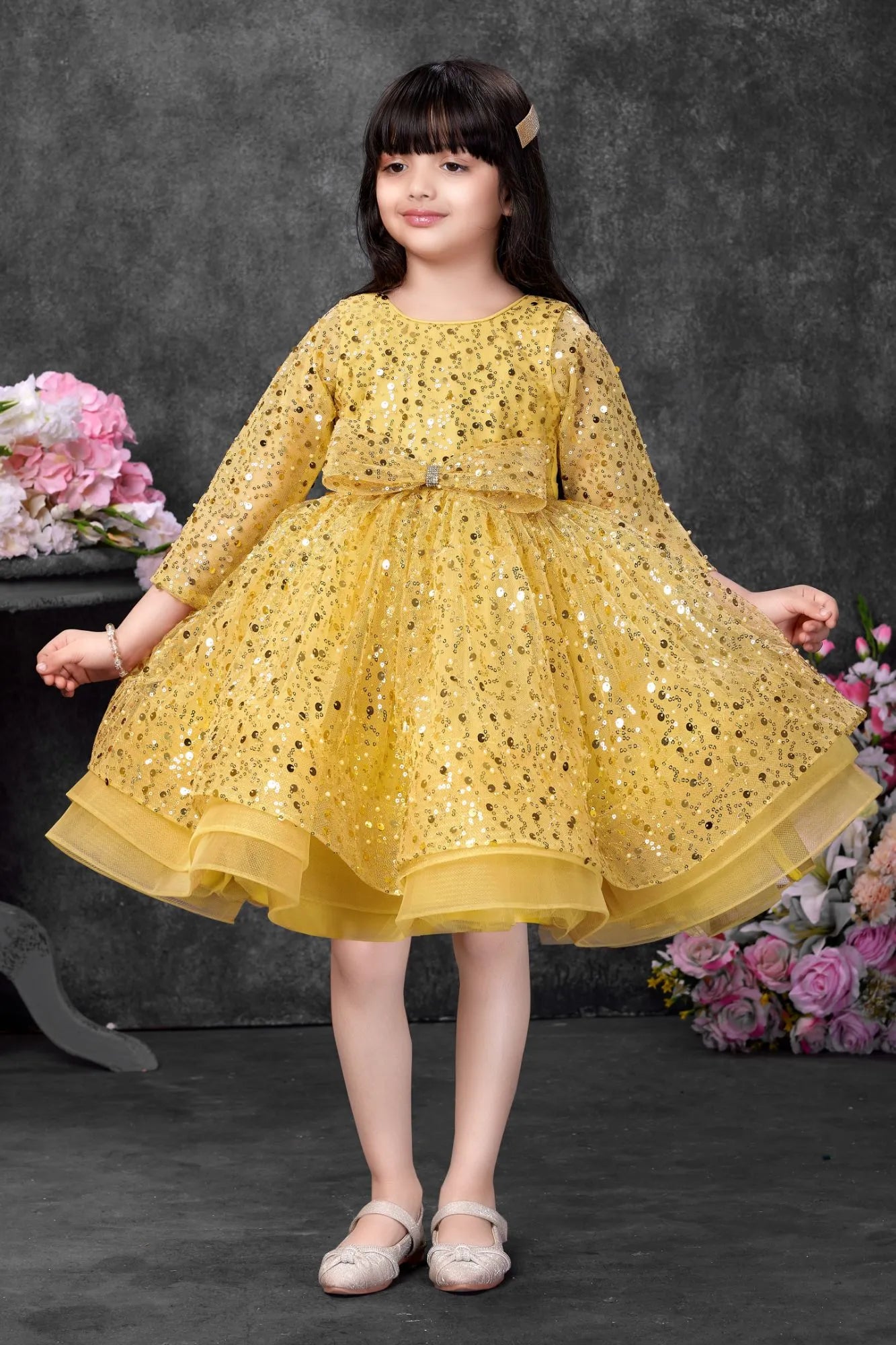 Mustard Yellow Sequins Embellished Party Wear Frock with Bow Detail For Girls