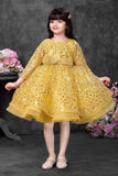 Mustard Yellow Sequins Embellished Party Wear Frock with Bow Detail For Girls