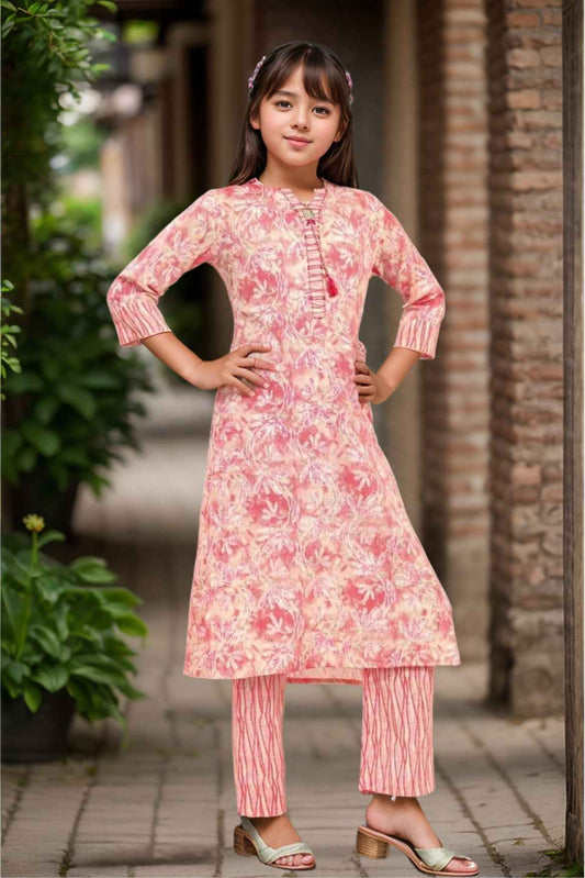 Peach Floral Printed Kurta With Pant Set For Girls