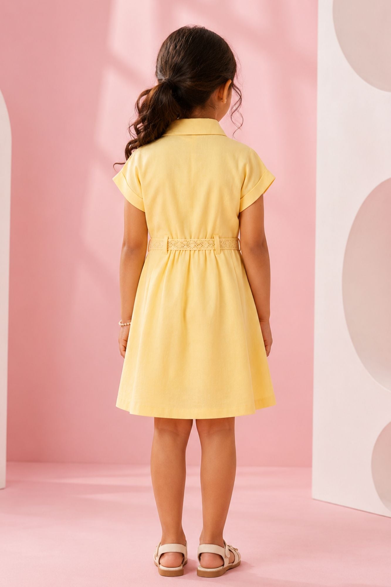 Girls Yellow Embroidered Fit And Flare Casual Dress with Waist Tie Belt