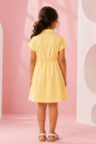 Girls Yellow Embroidered Fit And Flare Casual Dress with Waist Tie Belt