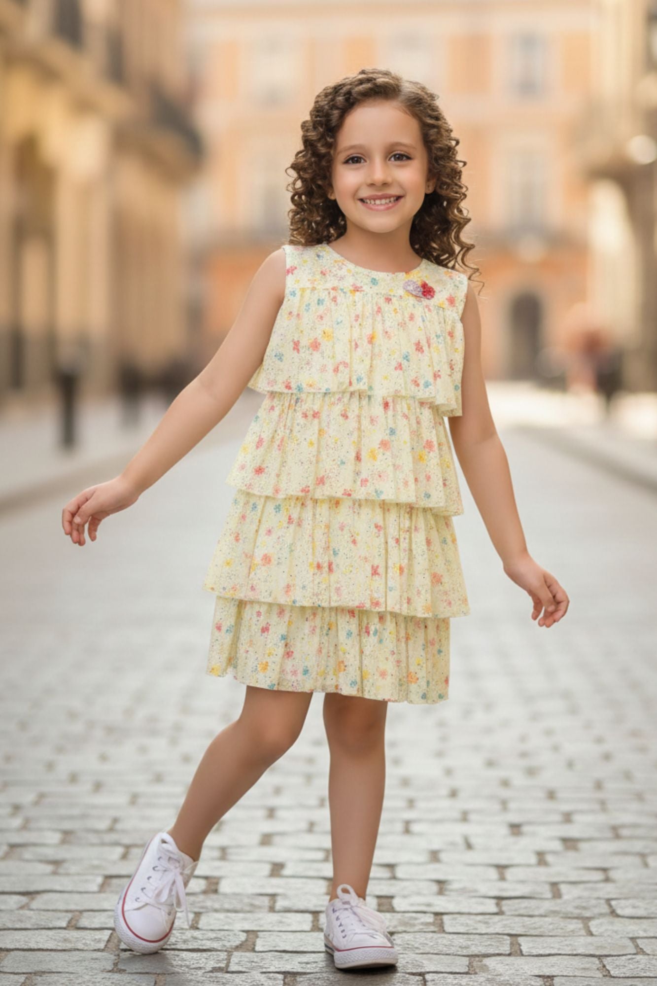 Yellow Floral Printed Multi Tiered Ruffle Dress For Girls