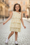 Yellow Floral Printed Multi Tiered Ruffle Dress For Girls