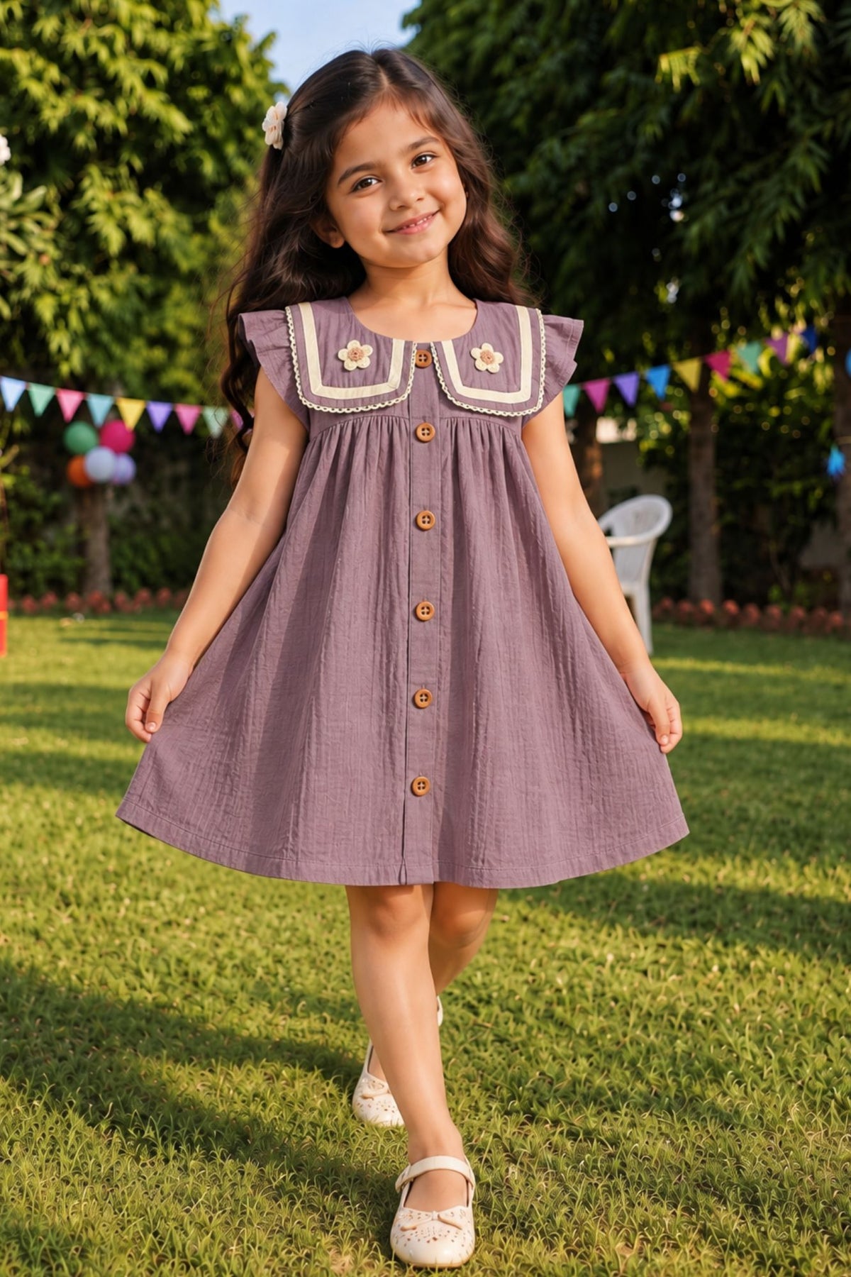 Girls Onion Pink Crochet Flower Sailor Collar Dress