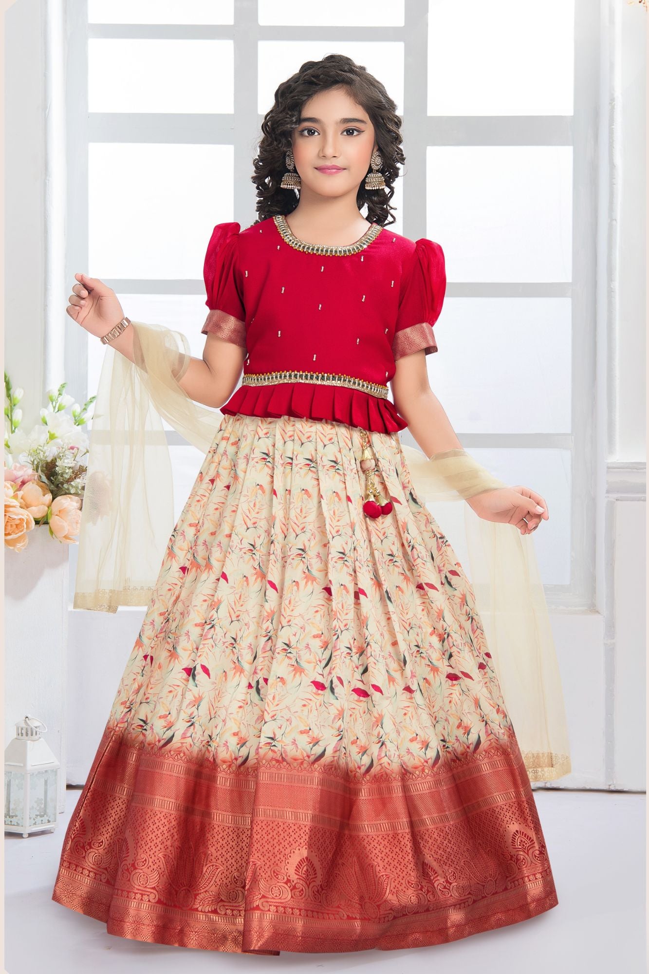 Girls Red Pattu Pavadai Set with Beige Floral Skirt With Zari Border