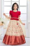 Girls Red Pattu Pavadai Set with Beige Floral Skirt With Zari Border