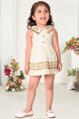 Chic Beige Sleeveless And Thread Embroidered Dress For Girls
