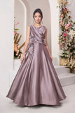 Mauve Gown with Draped Bodice and 3D Floral Appliqué Embroidery For Girls