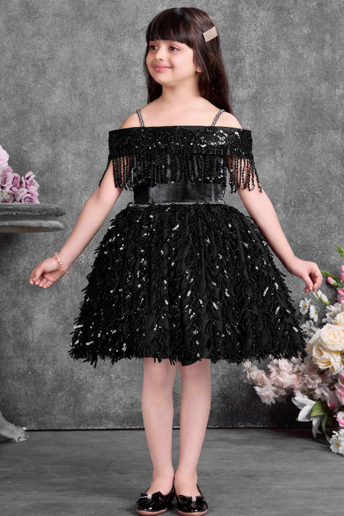 Black Sequin Party Frock For Girls