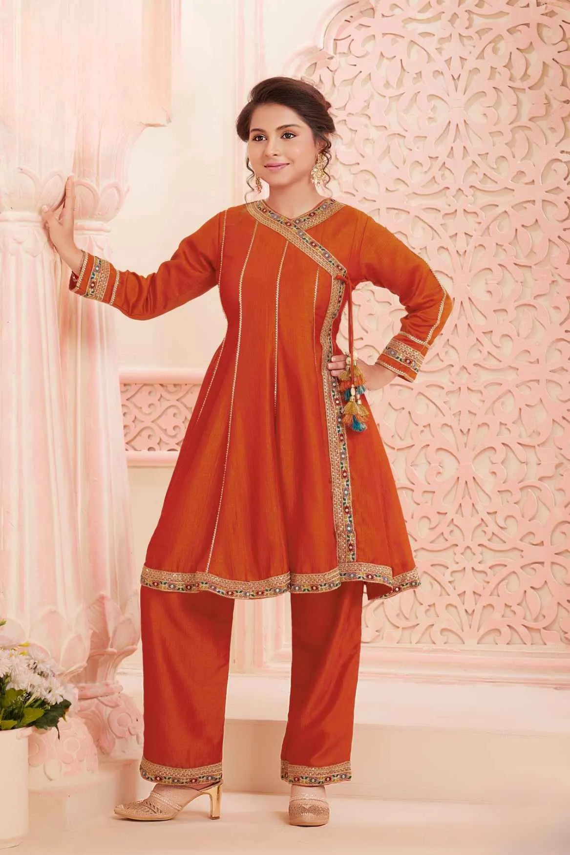 Orange Angrakha Kurti And Straight Pant Set For Girls