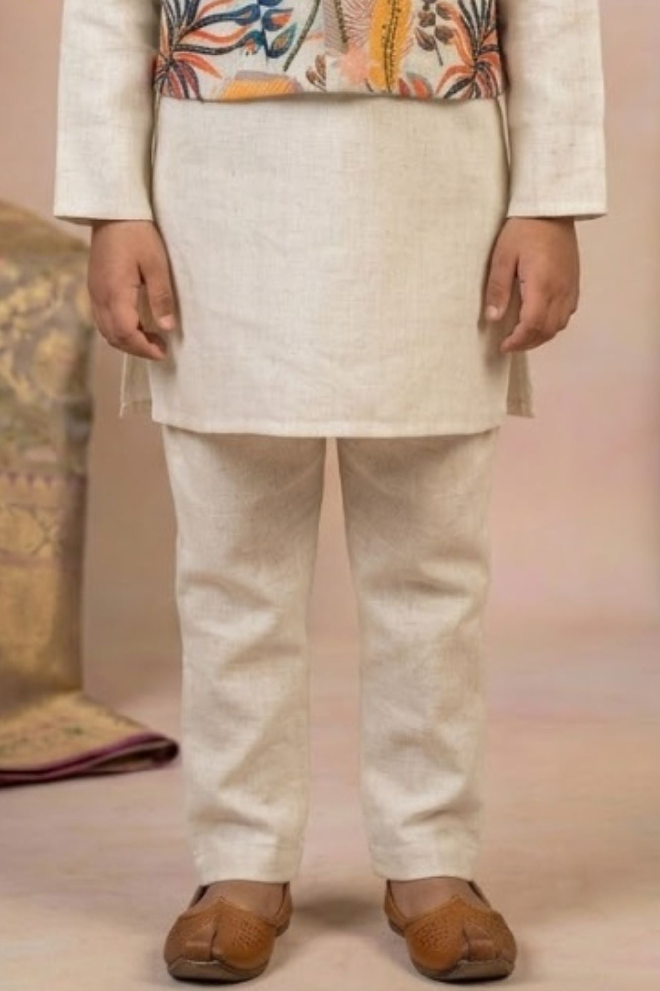 Ivory Kurta Pyjama Set with Tropical Printed Nehru Jacket For Boys