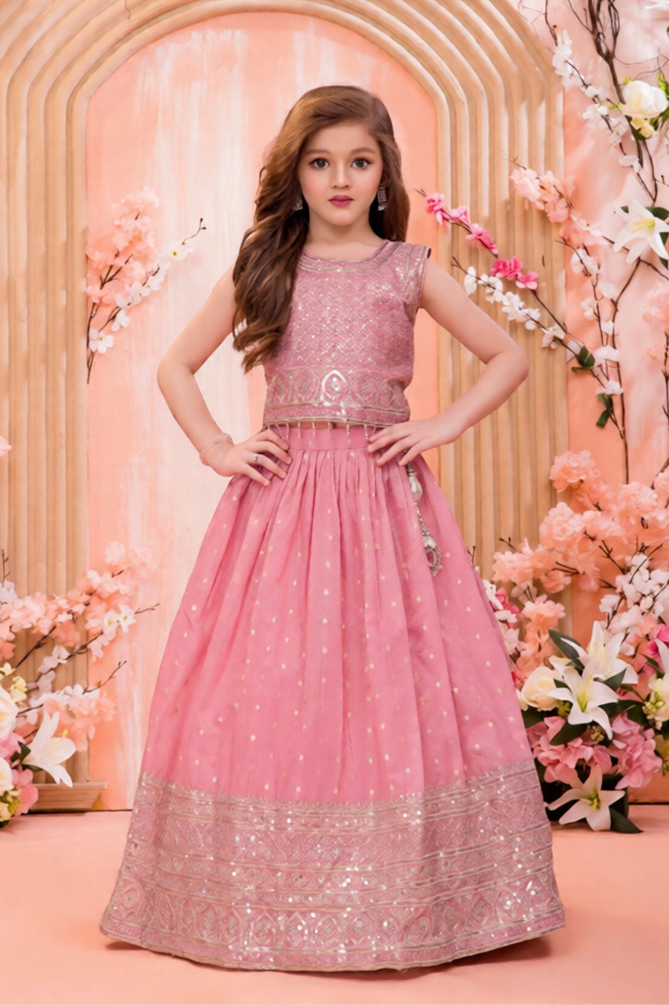 Pink Sequins Embroidered Lehenga Choli Set For Girls